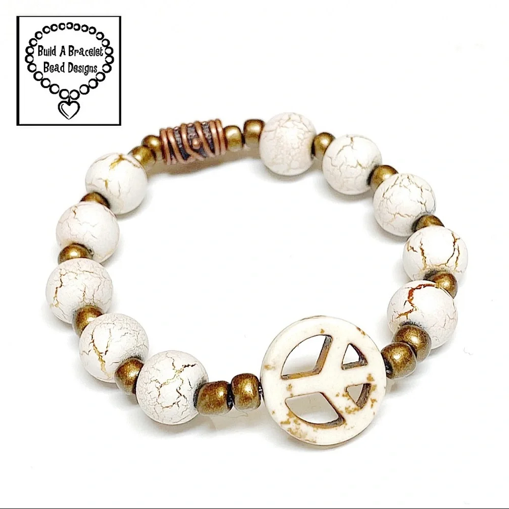 Ivory & Gold Crackle Peace ☮️ Sign Bracelet